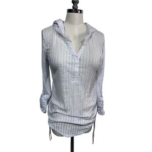 Billabong Textured Hooded Henley Long Sleeve Tunic Top White Sheer Drawstring XS